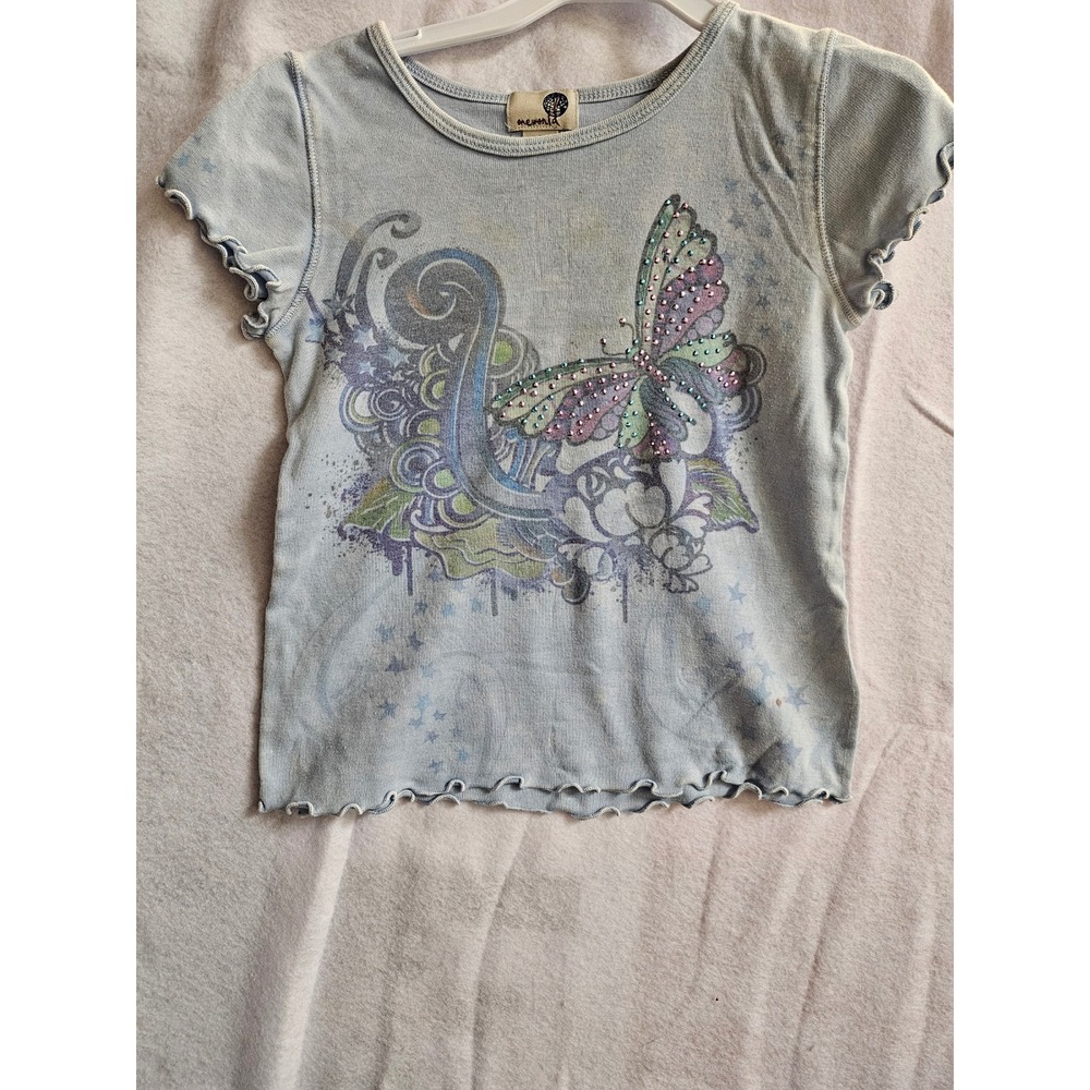 Vintage One World Girls Blue Butterfly Graphic Baby Tee Y2K Lettuce Edge Size 4